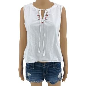 Solutions MEDIUM VINTAGE Women's White Floral Embroidered Boho Hippie Split Neck